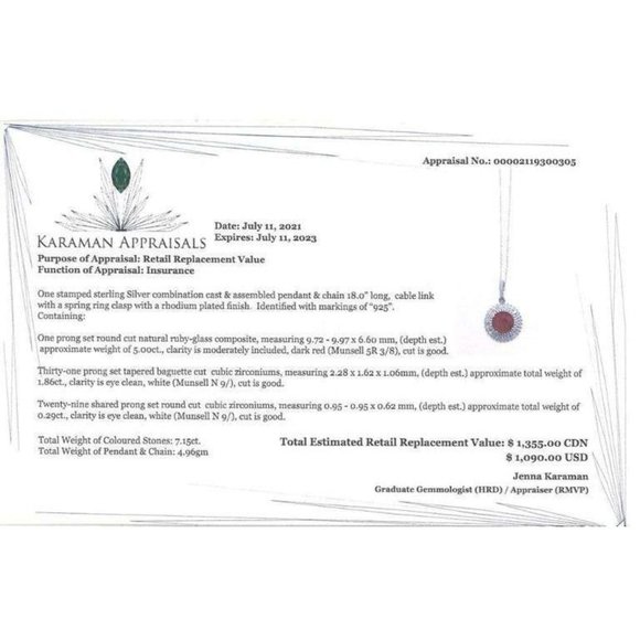 Appraisal $1,355 - Red Ruby Pendant Necklace 5.0 carat 18” Rhodium Plated - Picture 4 of 4
